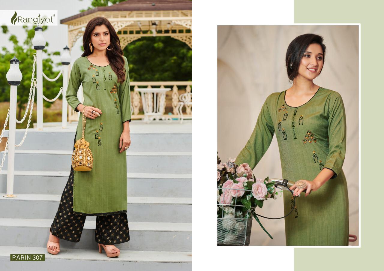 RANGJYOT PARIN VOL-3 Lateat fancy Festive Wear Heavy slub Rayon Dori With Gold Print Kurtis With Bottom Collection